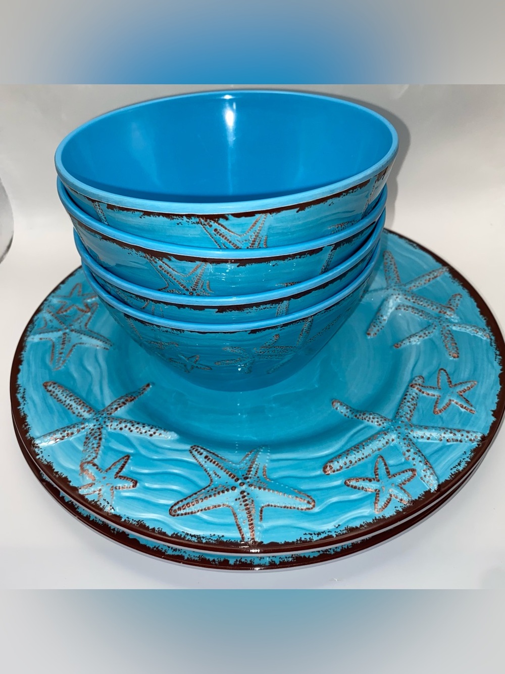 Sigrid Olsen Melamine Plates (2) and Bowls (4) Turquoise Starfish Beach Party